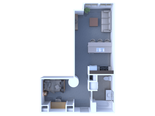 kitchen includes breakfast bar. Sleeping area is around a corner, out of sight of main living/dining area. There are three closets. The washer/dryer is in the bathroom.
